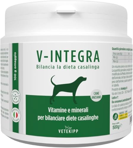 V INTEGRA Perro Anciano 500g, Suplemento Completo Rico en Vitaminas y Minerales para Equilibrar Dieta Casera y Barf, V Integra Vitaminas para Perros, Suplementos para Perros Made in Italy