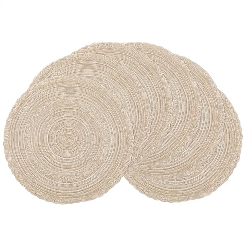 SHACOS 6er Set Runde Platzsets Abwaschbar, Tischsets Platzsets Rund Beige Geflochten, Tischmatten Platzdeckchen Rund, Abwaschbar, Hitzebeständig, Schmutzabweisend