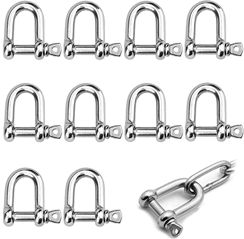 Qazuwa Lot de 10 manilles d'ancrage en acier inoxydable M5, en forme de D, manilles en D, pour gréement lourd, cordons, câble métallique connecteur chaîne en acier (argenté)
