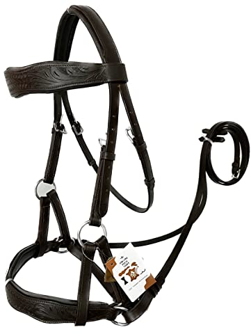 AMAZING HORSE STUFF Sidepull Bitless Bridle with Designer Hand Carving On Brow & Noseband Curved Shaped Brown (Full, Cob, Pony) (Pony)