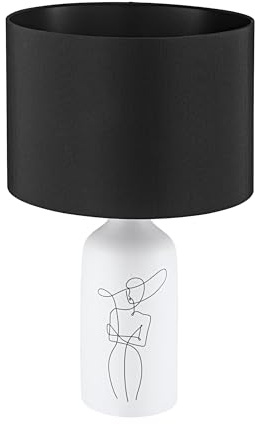 EGLO Tischlampe Vinoza, Nachttischlampe mit Lampenschirm, Tischleuchte aus Keramik in Weiß mit Motiv und Textil in Schwarz, Deko Schlafzimmer, Wohnzimmer Tisch Lampe, E27 Fassung