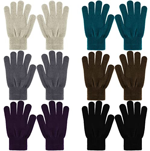Boyiee 6 Pairs Knit Gloves Pack Winter Adult Stretchy Warm Full Fingers Knitted Gloves Pack for Unisex Women Gift(Medium,Khaki, Green, Gray, Coffee, Purple, Black)