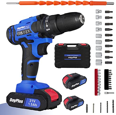 Perceuse-visseuse à percussion, sans fil, avec 2 batteries au lithium de 1500 mAh, visseuse sans fil de 21 V/45 Nm, couple 25 + 1 à 2 vitesses, avec lumière LED et mallette, pour la maison, le jardin