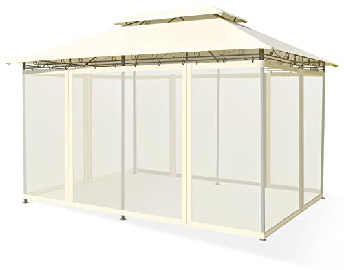 COSTWAY 4 x 3m Garden Gazebo, Marquee Party Canopy Tent with Removable Mesh Side Walls, 2-Tier Roof All-Weather Sun Shelter for Patio Backyard Wedding BBQ Event (Beige)