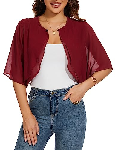 HANERDUN Boléro Femme Festif Elégant Cardigan Mousseline Manches Court Veste d'épaule Parfait avec Toutes Sortes de Robe de Cocktail Robe de Soirée