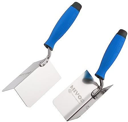 Mivos Lot de 2 Truelles d'Angle en Acier Inoxydable - 120 x 60 mm - Truelle d'Angle Intérieur et Extérieur en INOX - Truelle de Bord avec Poignée Souple - Spatule d'angle - Fabriqué en UE