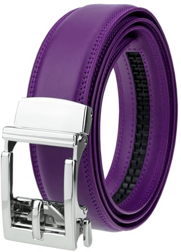 Gelante Cinturón de trinquete para hombre, cinturones de cuero para hombre, 1.3 pulgadas, ribete ajustable para adaptarse al cinturón de vestir, Púrpura, One Size (Fits Waist 28-42)