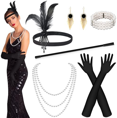 Alintor 20er Jahre Accessoires, 1920er Jahre Kostüm Damen Accessoires, Charleston Flapper Kleid 20er Jahre, 6 Charleston Gatsby Accessoires Damen, Perfekte für Federboa Schwarz, Karneval, Fasching