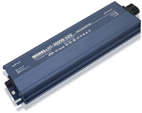 Transformador 220v a 12v 25A 300w, alimentacion 12v 300w, IP67 Impermeable, fuente 12v 300w, Sin ruido/sin parpadeo de LED para bombillas y tiras LED MR16 GU5.3 MR11 G4, no regulable