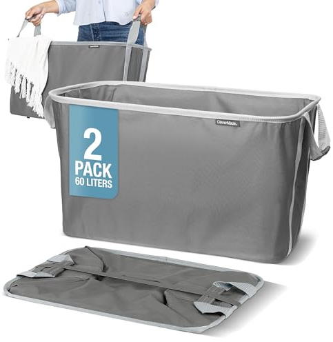 CleverMade Collapsible Laundry Basket 2 Pack – 60L (16 Gal) Foldable Clothes Hamper with Reinforced Handles, Space Saving Fabric Laundry Bin, Holds 55 lbs, Flat Folding for Dorm, Apartment & RV - Charcoal