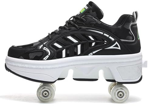 Pattini a rotelle donna, Quad Kick Roller Skates per bambini, Inline Skates Deformation Trainers, Sneakers con ruota invisibile per ragazzi,Black-33