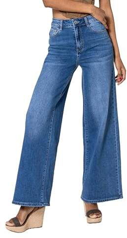 Nina Carter YY300 - Jean Taille Haute pour Femme - Pantalon en Jean Extensible Évasé à Jambe Large - Look Usé (FR/ES, Alpha/Lettres, XS, Mince, Taille Normale, Bleu (YY-300-1))