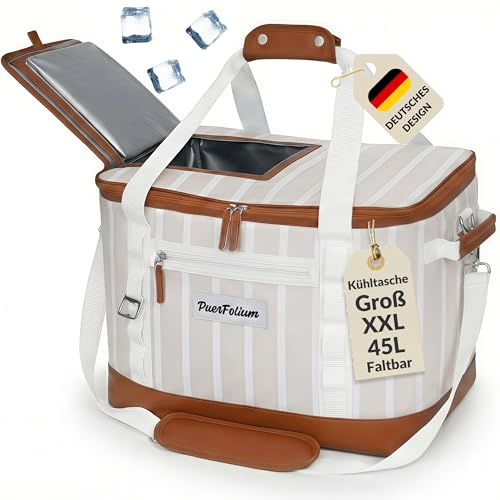 PuerFolium Kühltasche Groß Faltbar 45L Kühlbox für Einkauf Strand Picknicktasche Einkaufskorb Lunchtasche Thermotasche Cooler Bag Unterwegs Passive Wasserdicht 12h Isoliert mit Klappe Retro XXL BEIGE