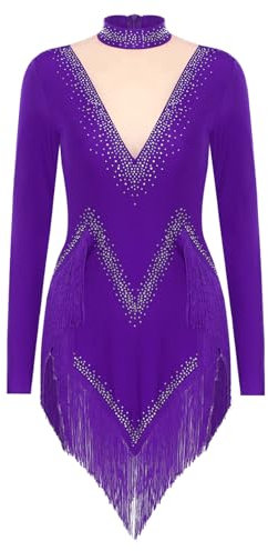 Agoky Damen Langarm Eiskunstlauf Kleider Rollkragen Tanzkleider mit Glitzer Mesh Spleiß Fransenkleid mit Unregelmäßig Tutu Rock Gymnastik Latein Kostüm Violett L