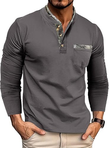 Ryehack Tee Shirt Homme Manche Longue Henley Tshirts en Coton Boutonné Polo Golf Shirt avec Poche, Gris, L