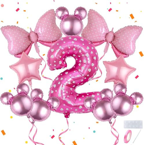 DazzJoy Minnie Mouse Geburtstagsdeko 2 Jahre Mädchen, Maus Luftballon Deko 2. Geburtstag Mädchen, Luftballons Geburtstag 2 Jahre Mädchens, 32 Zoll Rosa Luftballons Zahlen 2