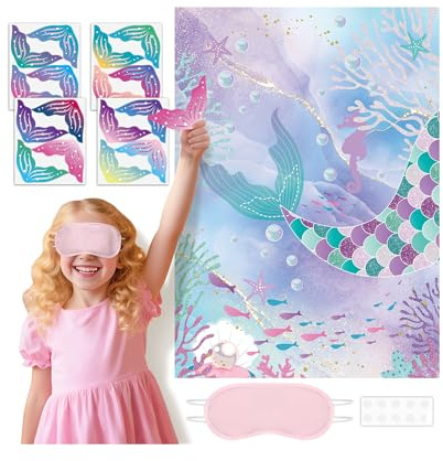 Funnlot Pin the Tail on the Mermaid, Pin the Tail Party Games with Stickers and Eye Masks, Mermaid Birthday Party Decorations Activities Crafts Party Favors Supplies Toys Gifts for Girls