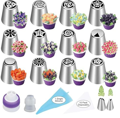 Xanewza Juego de 27 boquillas pasteleras profesionales de acero inoxidable, boquillas rusas grandes + manga pastelera de silicona y accesorios para hornear para decorar cupcakes y tartas (juego de
