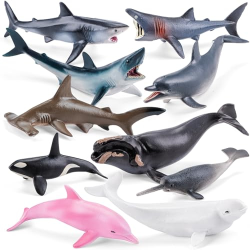THINKBAY 10PCS 5-6 Sea Animal Toys for Toddlers, Bath Ocean Animal Whale Shark Figurines Toys for Kids, Cake Toppers Birthday Party Favors & Gifts for Boys & Girls