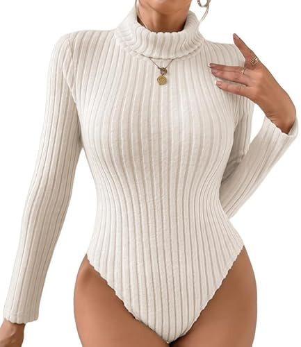 Sukiglam Body Mujer Manga Larga Bodysuit Cuello en Alto/V/Tortuga Elegante Leotardo Tops de Punto Elástico Bodys Tanga Shapewear Suave Cálida Camisa Casual Blusa Rayas Jumpsuit Top Básico Body Vestir
