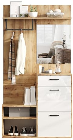 entapuk Ensemble De Garde-Robe Compacte 7 en 1, 100 * 38,5 * 190cm, avec Miroir, Banc À Chaussures, Meuble À Chaussures, Meuble De Couloir, Étagère Murale, avec 1 Tiroir Et 2 Armoires