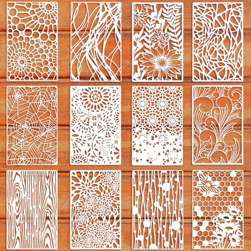 Juego de 12 plantillas de decoración de pared, plantillas de textura geométrica, plantillas reutilizables para pintura de PET para álbumes de recortes, muebles de madera, azulejos, lienzo, decoración