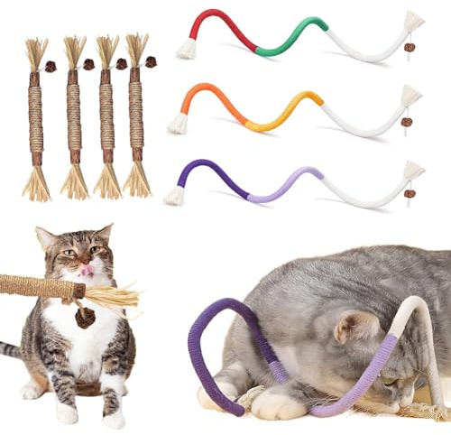 HTGWCG Giochi per Gatti Interattivi, 4 giocattoli Matatabi erba gatta 3 pezzi corda, Giocattolo da Masticare, Interattivi Giochi Gatto, per La Cura Dentale, Pulire La Bocca