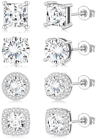 4 Pairs Men's Square Stud Earrings, 925 Sterling Silver Cubic Zirconia | Square Stud Earrings Set for Men and Women, Cubic Zirconia Ear Studs Jewellery Gift Set for Friends, Parents and Couples
