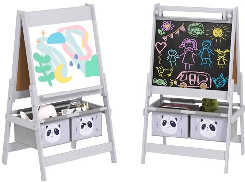 AIYAPLAY Lavagna per Bambini Cancellabile a Doppia Facciate con Rotolo di Carta e 2 Contenitori, Lavagna Bianco, Nero con Cavalletto Artistico in Legno per Pittura e Regalo, 3-8 Anni, Grigio