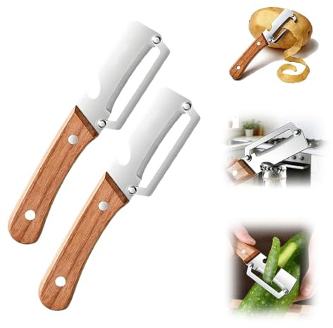 zero snag holzschäler aus Edelstahl, Multifunktionaler Gemüseschäler, Sparschäler mit Holzgriff & integriertem Flaschenöffner für Obst, Gemüse & Fleischscheiben (2 STÜCK)