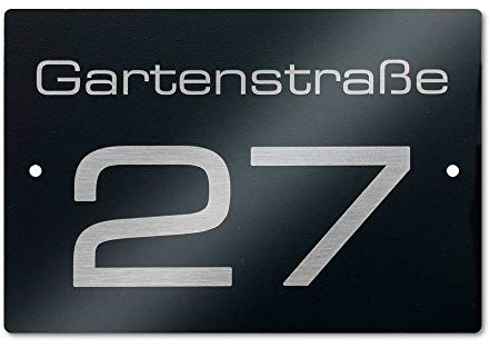 Metzler Hausnummer Edelstahl, individuelles Hausnummernschild in Anthrazit (RAL7016), Straßenschild mit Hausnummer mit Bohrungen, rostfrei, gebürstet, 3D-Effekt, Made in Germany, Maße: 110 x 160 mm