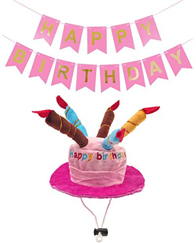 JZK Rosa Velluto Cappellino Cappello Compleanno Torta per Cane Gatto Femmina, Rosa Festone Happy Birthday, Decorazioni Feste Compleanno per Cani Gatti