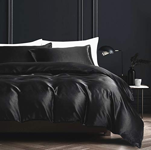 Damier Bettwäsche 155x220cm Schwarz Satin Bettwäsche Set 2 Teilig Hochwertiges Satin Uni Einfarbig Deckenbezug 155 × 220 cm + 2 Kissenbezüge 80 × 80 cm mit Reißverschluss