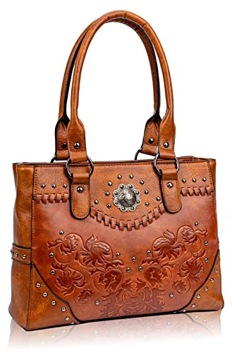 LAVAWA Tote Bag for Women Large Western Purse Ladies Top Handle Shoulder Handbags Vintage Embossed Concho Studs