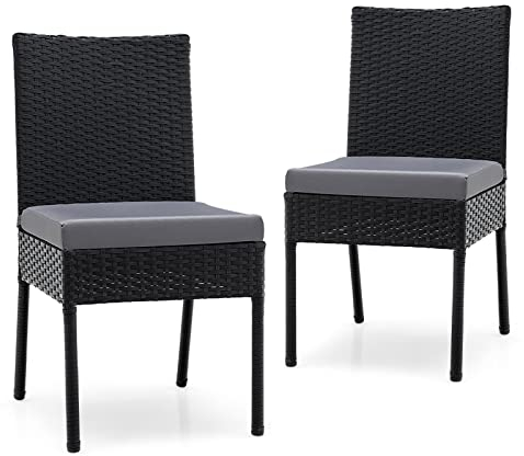 GOPLUS 2er-Set Rattanstühle, Esszimmerstühle mit Rückenlehne & Sitzkissen, Balkonstühle mit Metallgestell & rutschfesten Füßen bis 150kg belastbar, Korbstühle für Terrassen & Pool, Schwarz