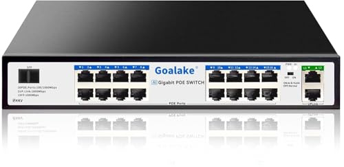 Goalake 19 Port Gigabit Ethernet Unmanaged PoE+ Switch, 16 Gigabit PoE+ @240W, 1 Gigabit Uplink, 1 Gigabit SFP Slot, 802.3af/at, VLAN-Modus, KI-Erkennung, ideal für IP-Überwachung und Access Point