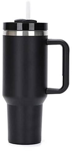 Moollyfox Isolerad mugg i rostfritt stål med dubbla väggar och handtag, vakuum, kaffemugg, 1200 ml (40 fl oz), bärbar resemugg, bilmugg, termosmugg med sugrör och lock, svart