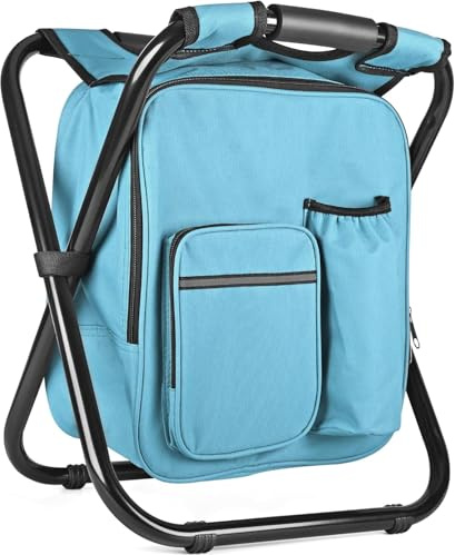 Kikerike Backpack Stool Cooler Chair Heavy Duty 300 LBS Max Load Portable Lightweight Folding Fishing Cooler for Camping Hunting Fishing - Sky Blue
