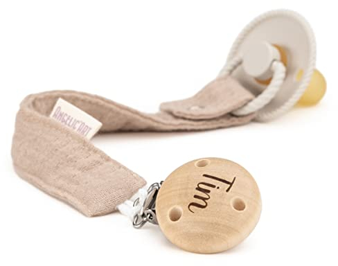 AngelicArt Schnullerband mit Gravur Namen für Jungs und Mädchen - große Farbauswahl - Geschenk für Baby (Natur)