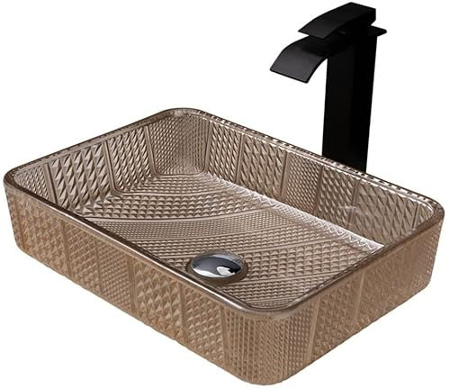 Tempered Countertop Basin Washbasin Rectangular Hand Wash Basin Washplace 463x335x120mm Countertop Basin Wash Bowl with Drain, Mounting Ring,Blue,with Faucet (Color : Khaki, Size : With Faucet)