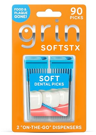 GRIN Softstx, Gentle Dental Picks, 90 Count, Soft Flexible Bristles, Textured Plaque Removing Toothpick, Minty Flavor, for Between Teeth, Refillable Hygienic Case, for Braces, Bridges, and Implants