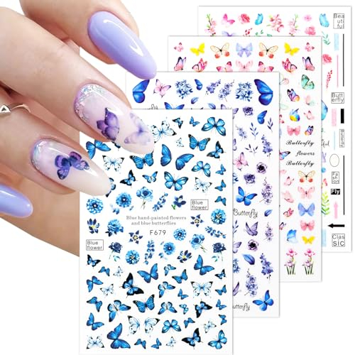 4 Blatt Nagelsticker Selbstklebend Schmetterling Nagel Sticker Nagelaufkleber Nagelfolien Aufkleber Nail Art Stickers Zubehör DIY für Damen Mädchen Frühling Weihnachten Nagelkunst Dekoration
