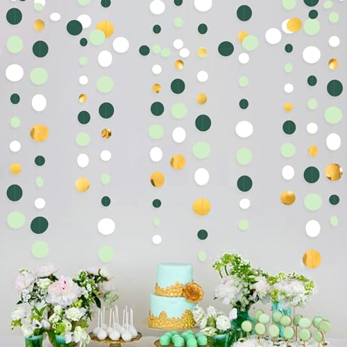 46Ft Vert Sauge et Or Cercle Points Guirlande Bannière Décoration de Fête Vert Dorée Blanc Banderole Streamer à Suspendre en Papier à Pois pour Safari dans la Jungle Forêt Thème Anniversaire Mariage