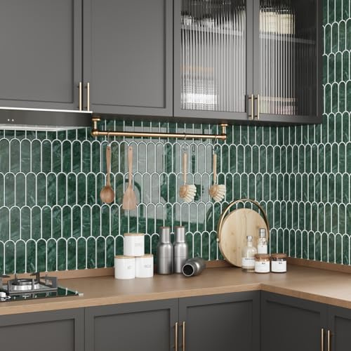 CRE8TIVE Green Self Adhesive Wall Tiles Long Fish Scale Vinyl Tile Green Marble Effect Peel and Stick Wall Tiles Backsplash for Kitchen Hearth Bathroom Waterproof Stick on Tile 4 Pcs 30.5cm x 30.5cm