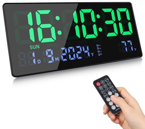 Fuloon Orologio da Parete Digitale, 15.5 Grande LED Orologio da Parete Digitale con Calendario, Secondi, Temperatura, Data, Settimana, LED Sveglia da Tavolo con Supporto per Soggiorno Cucina Ufficio