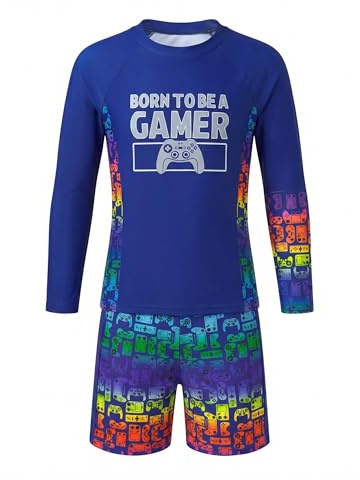 JiAmy Boys Swimming Costume 2 Piece Swim Set Gaming Boy's Long Sleeve UV Rash Guard Shirts with Swim Trunks Swimsuit for Kids 11-12 Years, Blue