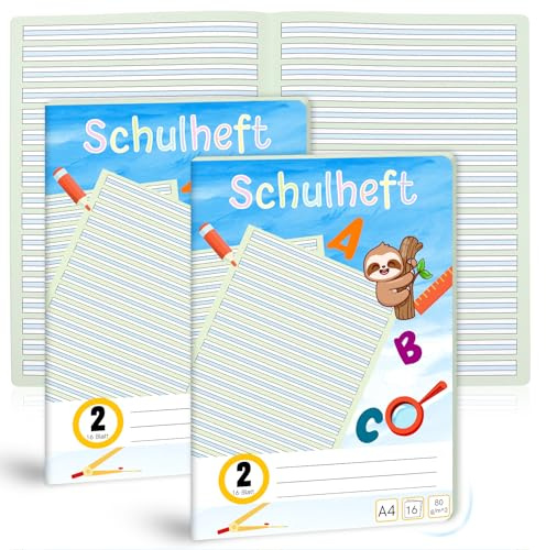 Confezione da 3 quaderni per imparare a scrivere, rigatura, 2 DIN A4, 1 quaderni da 16 fogli, 2 classi, come quaderno per imparare a scrivere, 100 g/m², rivestimento con angoli arrotondati per evitare