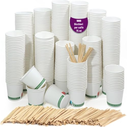CARTOSPEDÌA - 1000 Bicchierini Caffè Carta + 1000 Stecchette In Bambù Incartate Singolarmente, 75 ml, Bicchieri Caffe Monouso Biodegradabili per Espresso, Accessori Caffe indispensabili, Made in Italy