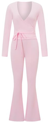 SANSIWU Dam 2-delad balettkläder 2-pack knytbar fåll långärmad balett pilates yoga wrap tröjor + utsvängda byxor set träning gå ut, Rosa, L