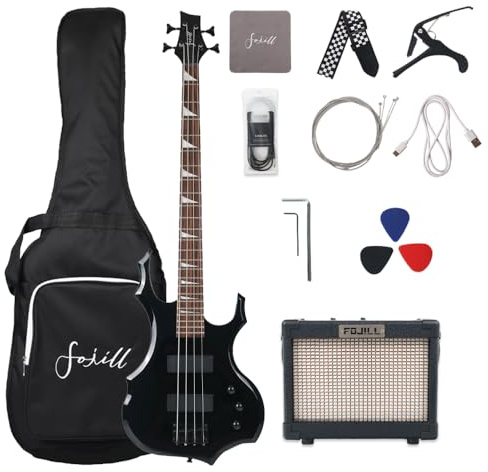 Fojill Full Size 4 Four String Electric Bass Guitar 10W Battery Power Bluetooth Amplifier Amp Beginner Starter Kit Set Combo Bundle Package Accessory Bag,Picks,Capo,Cable,Strings(Black)